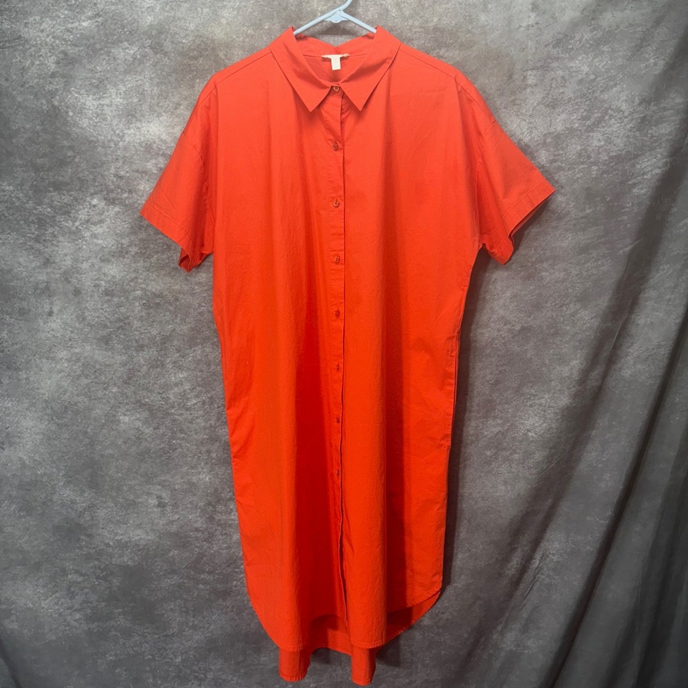 Eileen Fisher Red Orange Button Down Shirt Dress Size L Cotton Pop of Color